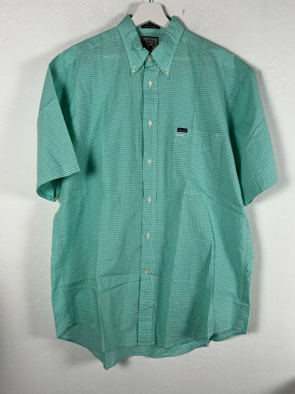 Façonnable Men’s Green White Gingham Cotton Short Sleeve Button Down Shirt Large